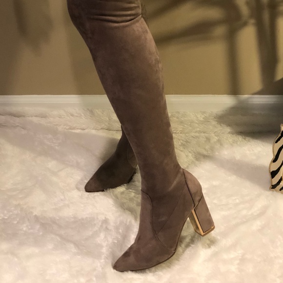 Bamboo Taupe w/Gold Trim Over The Knee Boots - Picture 3 of 5